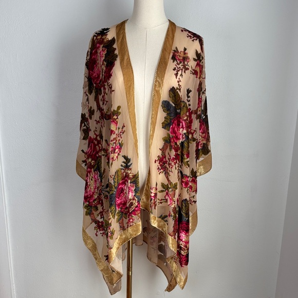 LA Soul Burnout Velvet Floral Mesh Kimono Cover up Layering Boho OS Vacation - Picture 1 of 10